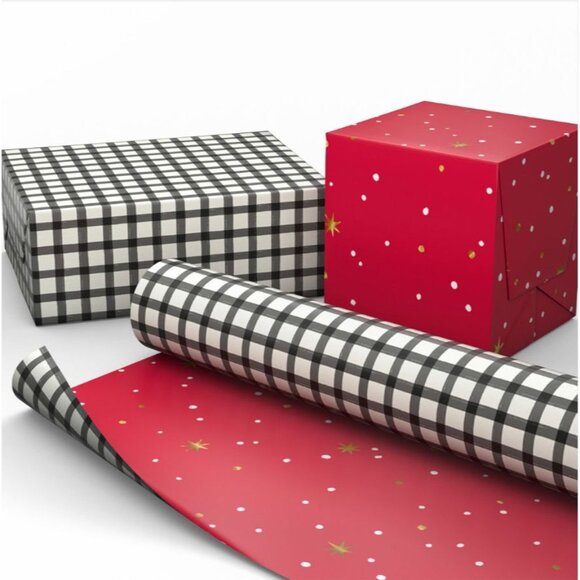 Hallmark Christmas Wrapping Paper Black White Check Red Reversible Roll 35 sq ft - Picture 3 of 6